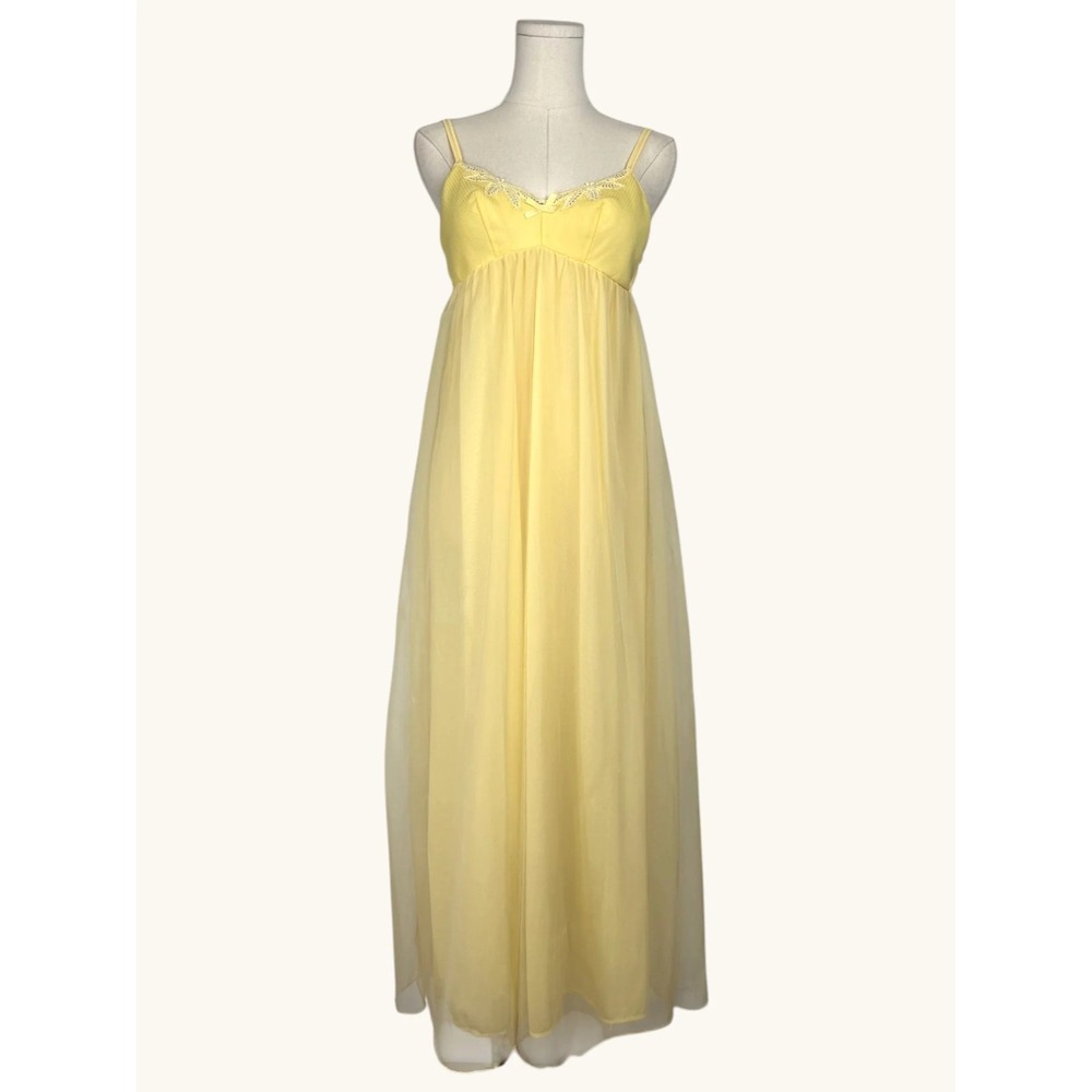 Vintage Elfe Pastel Yellow Sheer Overlay Nightgown Embroidery Empire Waist Maxi